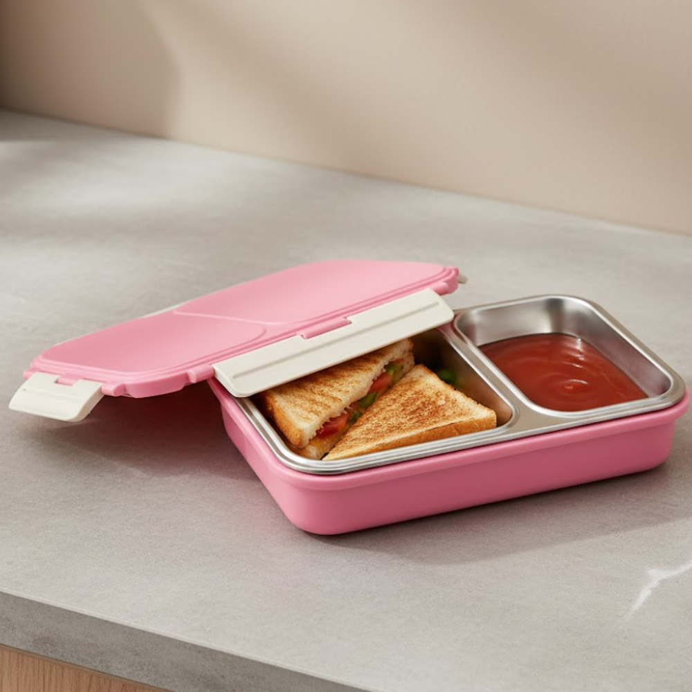 Vinod stainless steel 2 compartment tiffin in pink, silicone-sealed airtight lid, packaging