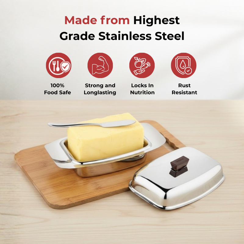 Vinod Stainless Steel Butter Dish With Butter Knife & Lid, top view