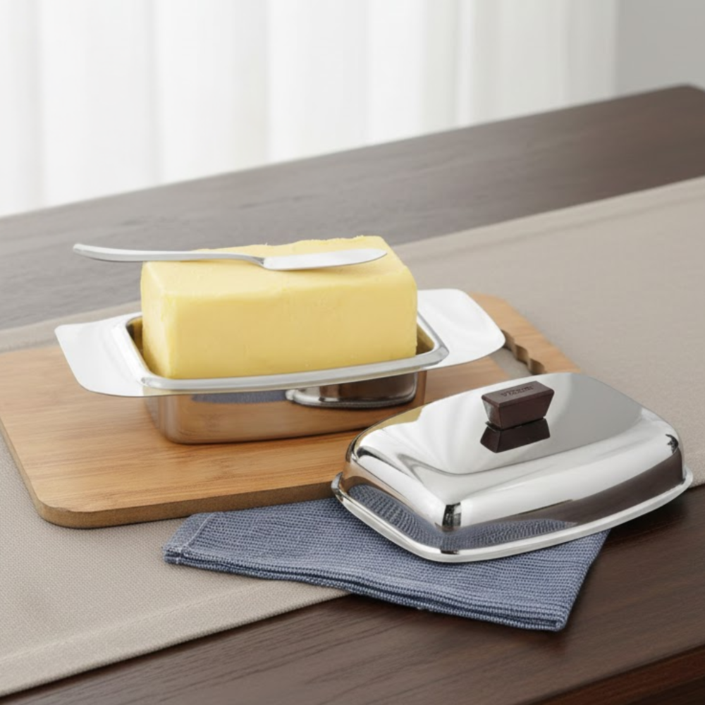 Vinod Stainless Steel Butter Dish With Butter Knife & Lid, side view