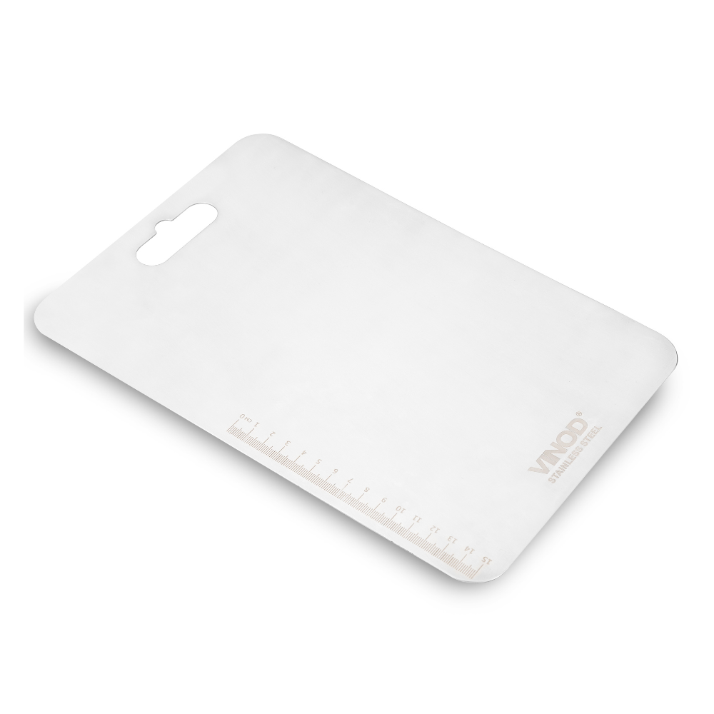 Vinod stainless steel chopping board, 30.5 by 20 cm, knife-friendly surface, side view