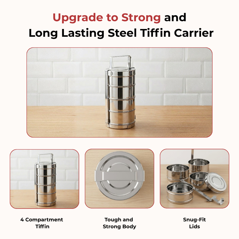 VINOD Bombay Stainless Steel Tiffin 4 Compartment - 10 Inch, Mirror Finish, Rust Free, Durable, Easy to Carry & Easy to Clean