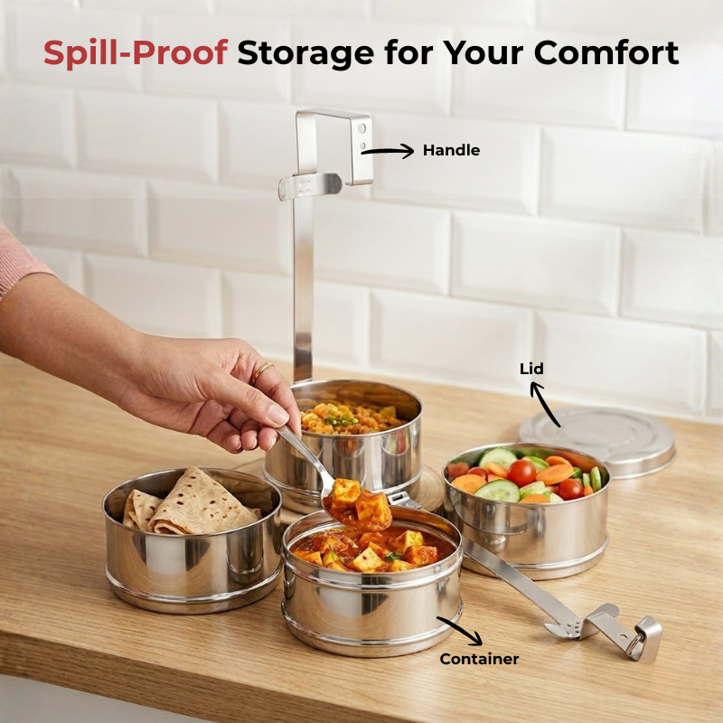 VINOD Bombay Stainless Steel Tiffin 4 Compartment - 10 Inch, Mirror Finish, Rust Free, Durable, Easy to Carry & Easy to Clean