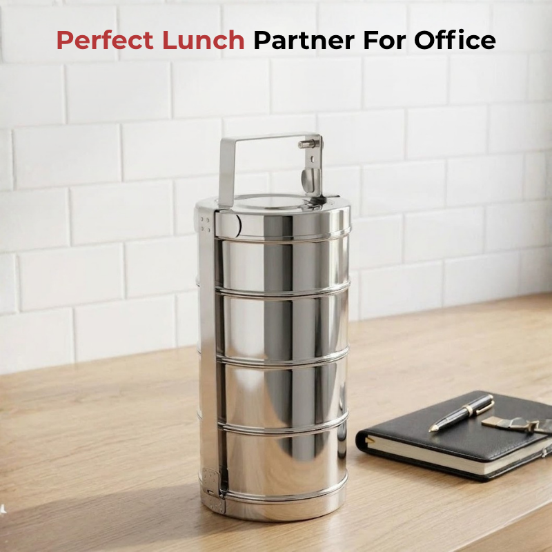 VINOD Bombay Stainless Steel Tiffin 4 Compartment - 10 Inch, Mirror Finish, Rust Free, Durable, Easy to Carry & Easy to Clean