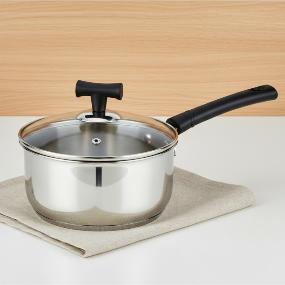 Vinod Doniv Stainless Steel Sandwich Bottom Solitaire Sauce Pan with Glass Lid, front view