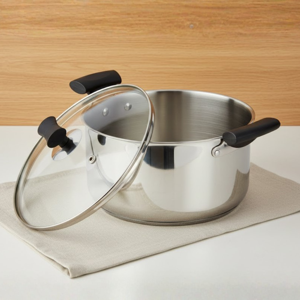 Vinod Doniv Stainless Steel Sandwich Bottom Solitaire Sauce Pot with Glass Lid & Side handle, side view