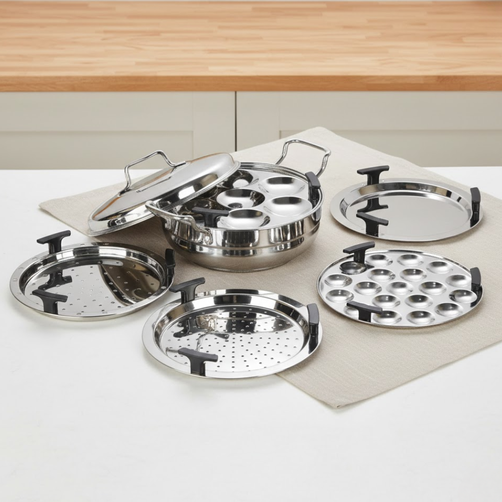 Vinod Doniv stainless steel induction bottom multi kadhai with 5 cooking plates, side view