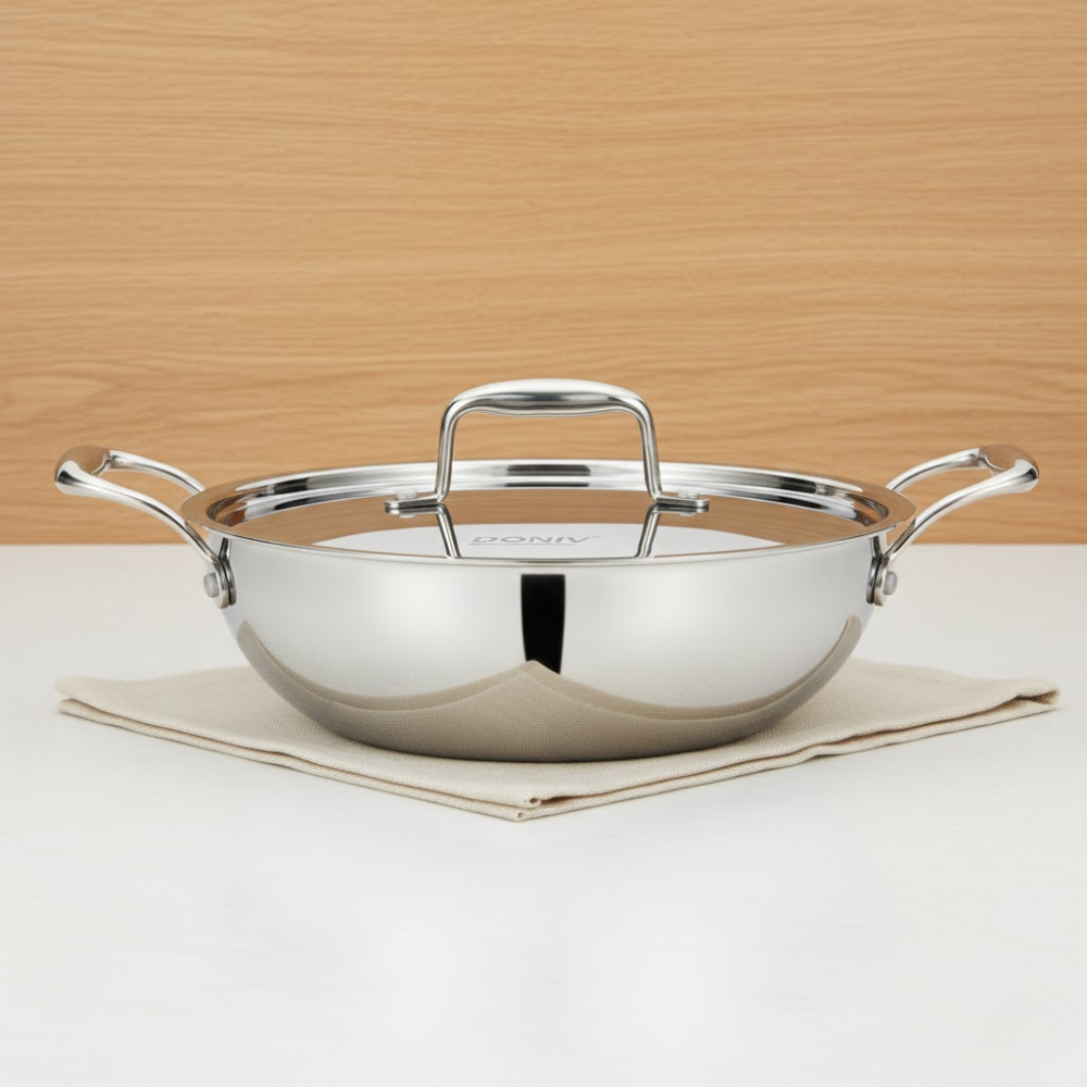 Vinod Doniv Titanium Triply Stainless Steel Kadhai with Cover, front view