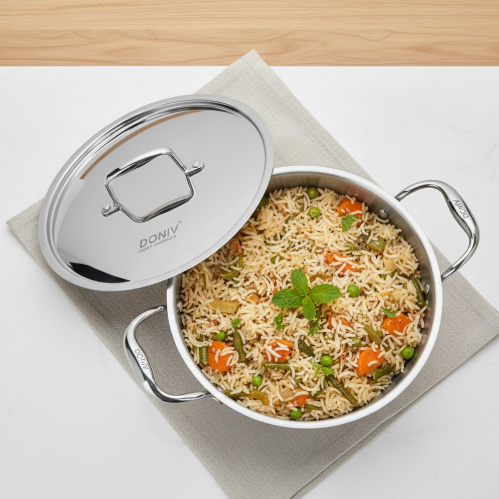 Vinod Doniv Titanium Triply Stainless Steel Kadhai with Cover, top view