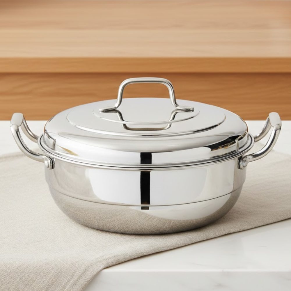 Vinod Doniv triply stainless steel idli dhokla steamer kadai with 6 plates, side view