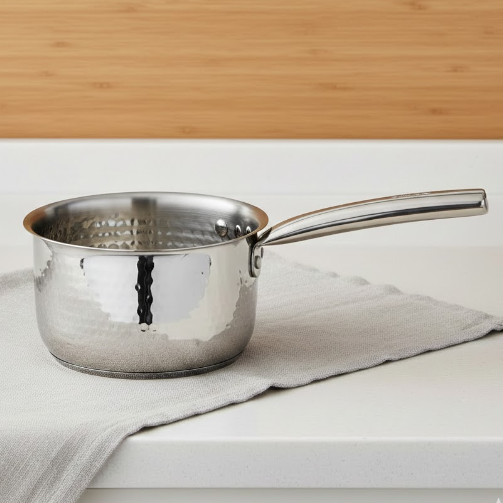 Vinod Claro Heavy Gauge Stainless Steel Hammered Sauce Pan, 1.5 mm, front view