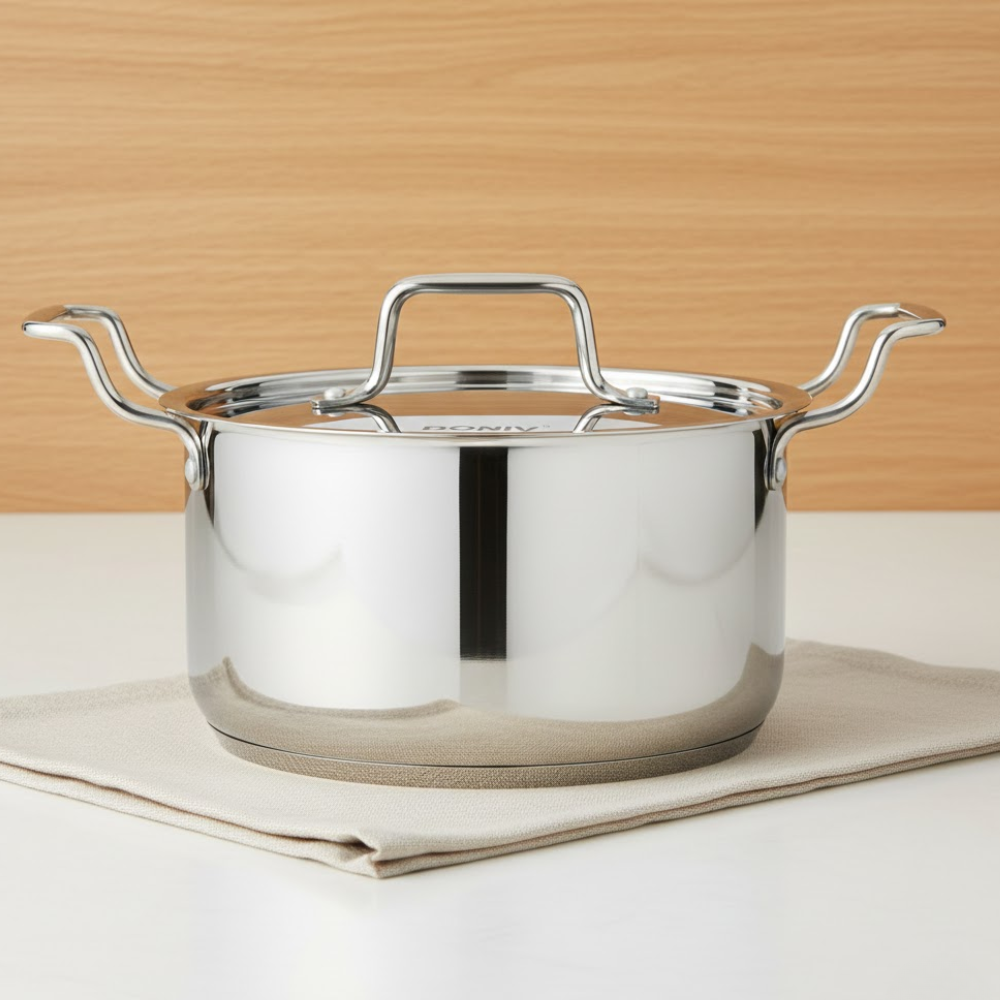 Vinod Doniv Majestic sandwich bottom stainless steel sauce pot with lid, 18 cm, 2.4 litre, top view