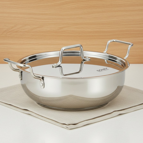 Vinod Doniv Stainless Steel Majestic Sandwich Bottom Kadai with Steel Lid, with lid