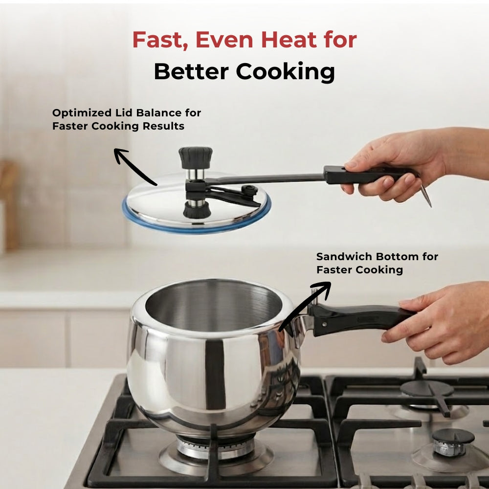 Vinod Doniv stainless steel sandwich bottom pressure cooker with inner lid 2 litre (amaze series), in-use view