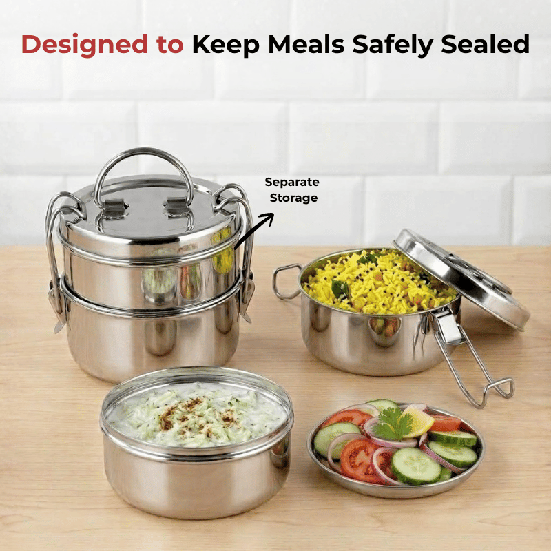 Vinod Stainless Steel Lunch Tiffin, angled view