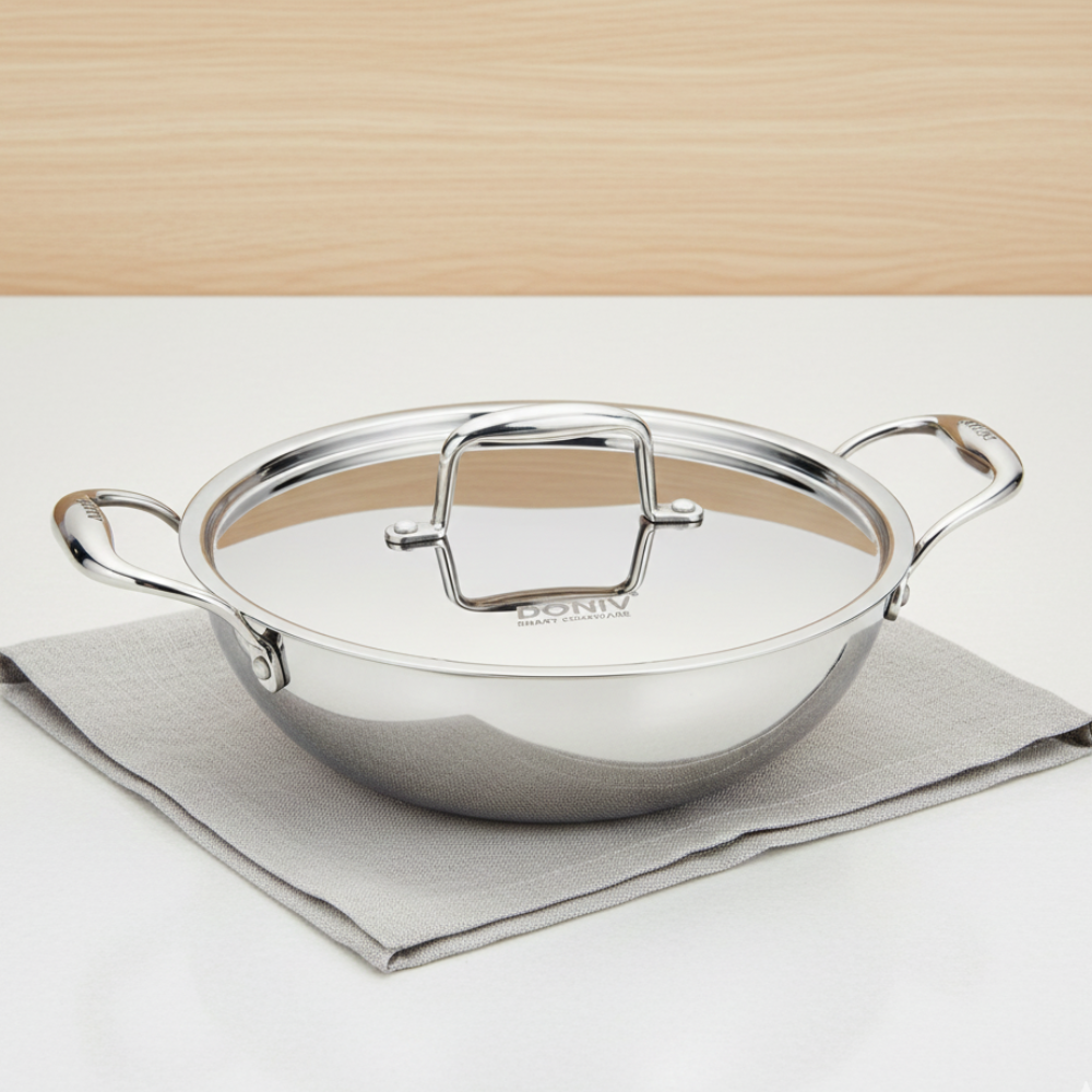 Vinod Doniv Titanium Triply Stainless Steel Kadhai with Cover, side view