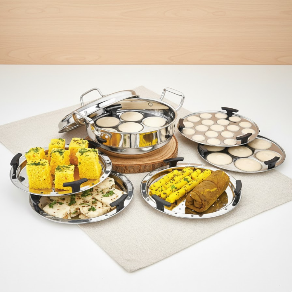 Vinod Doniv triply stainless steel idli dhokla steamer kadai with 6 plates, triply bonded base detail