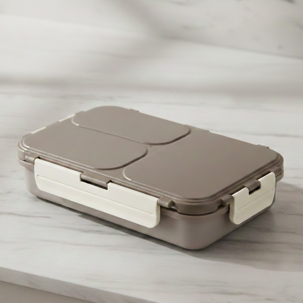Vinod stainless steel 3 compartment tiffin in grey, silicone-sealed airtight lid, front view