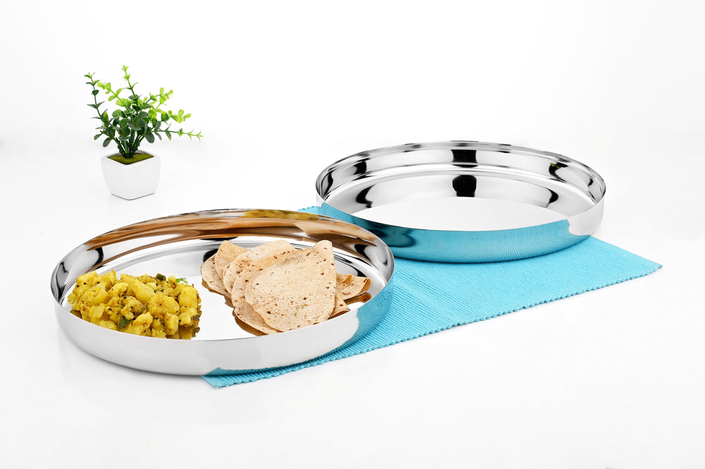 Vinod Stainless Steel Khumcha Thali Set of 2 - 28 cm, side view