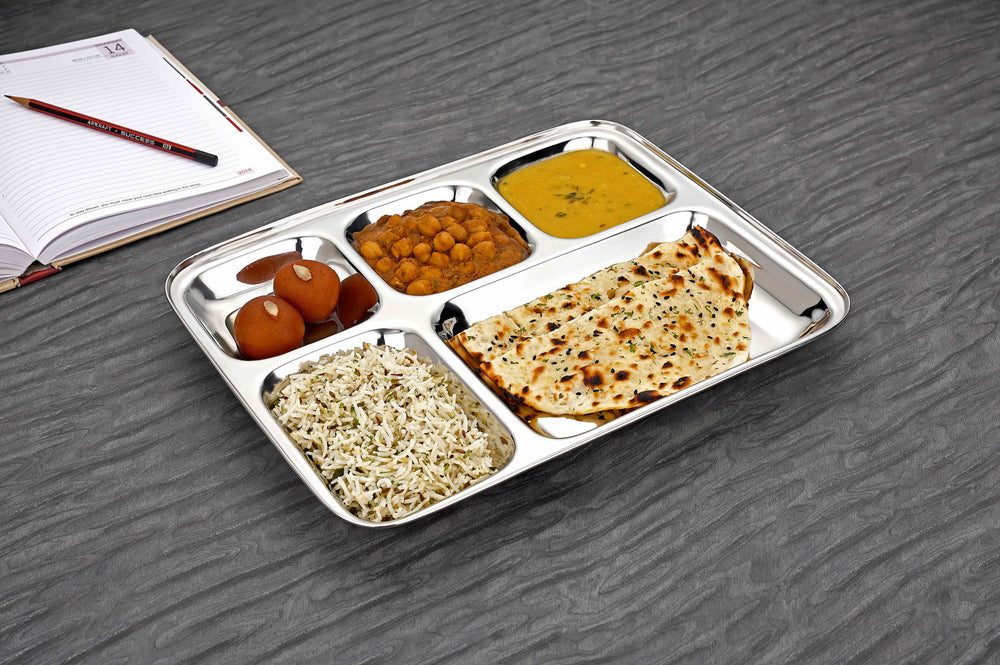 Vinod stainless steel 5 compartment bhojan thali with square edges, pack of 2, full set group shot