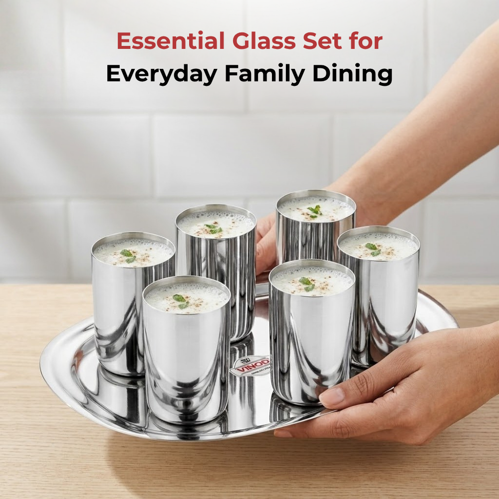 Vinod Stainless Steel Amrapali Glass Set of 6, close-up detail