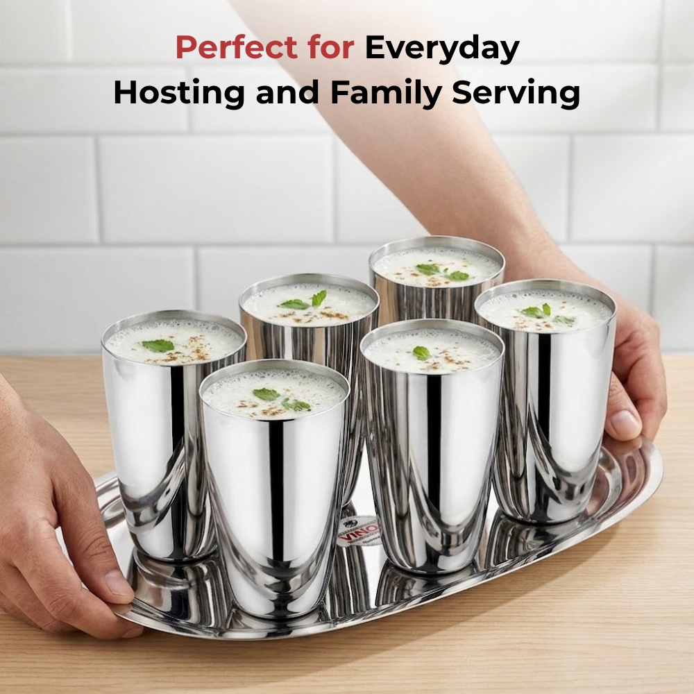Vinod Stainless Steel Passion Glass Set of 6 - 300 ml, angled view
