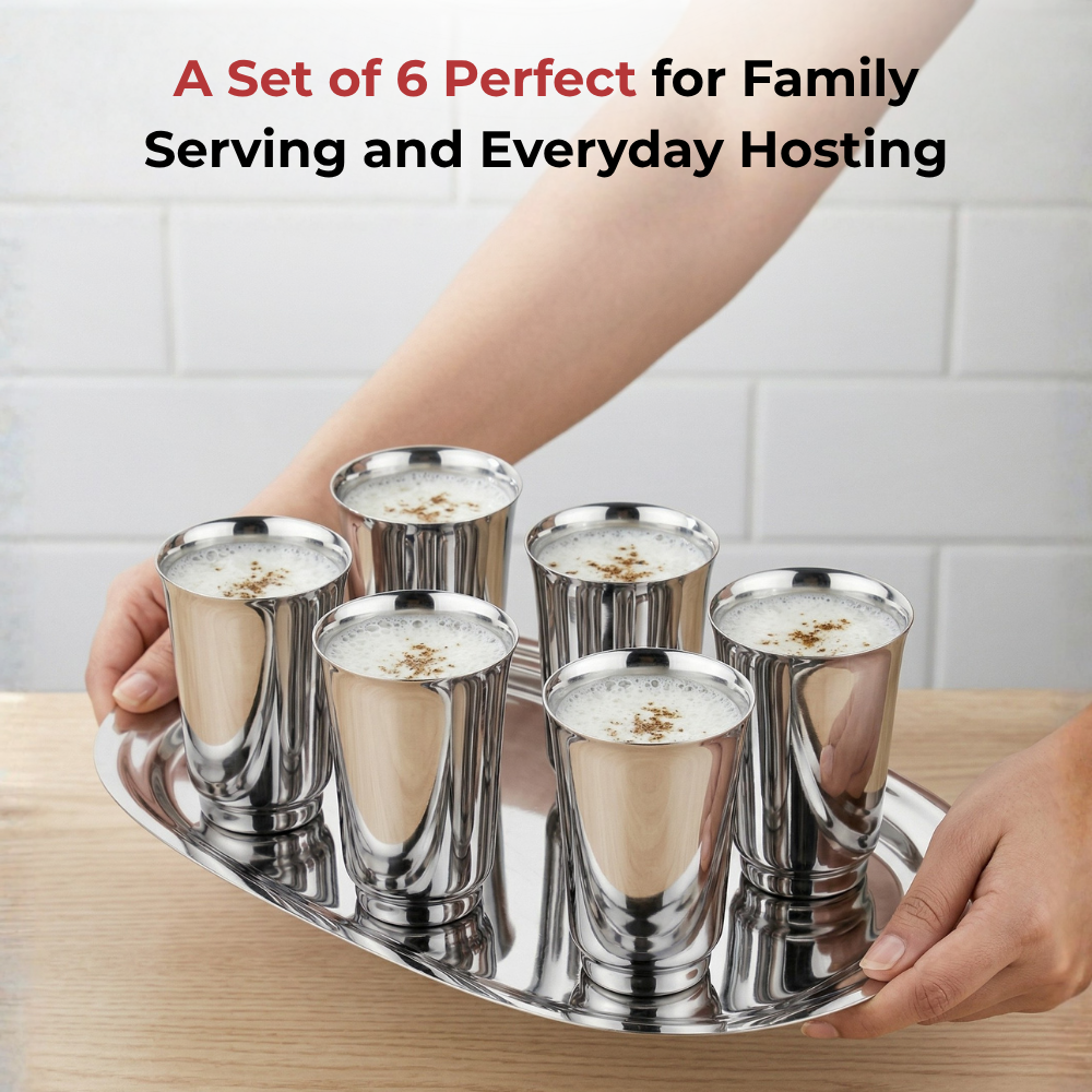Vinod Stainless Steel Sheetal Glass Set of 6 - 300 ml, in-use view