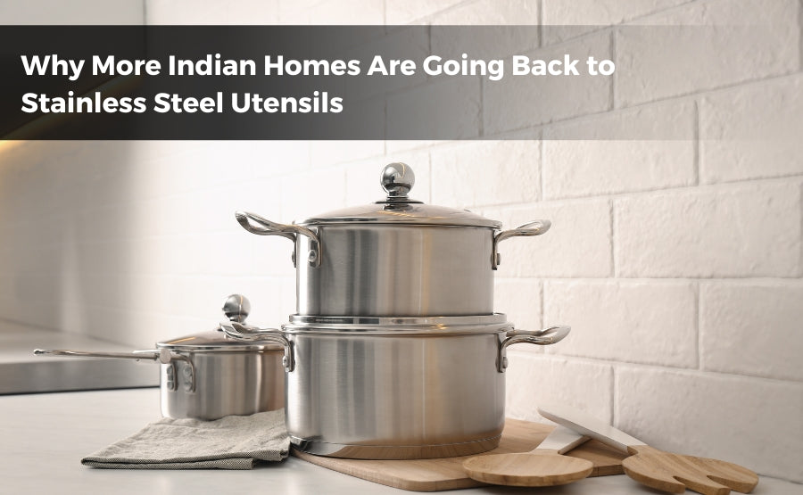 Stainless steel cookware on kitchen counter in modern Indian home
