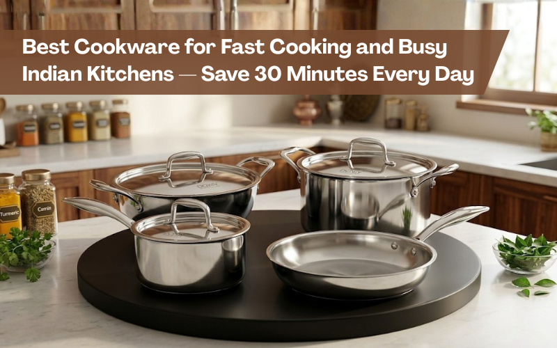 Stainless steel cookware set including kadai, saucepans, and fry pan displayed on a modern kitchen countertop, representing the best cookware for fast cooking in busy Indian kitchens.