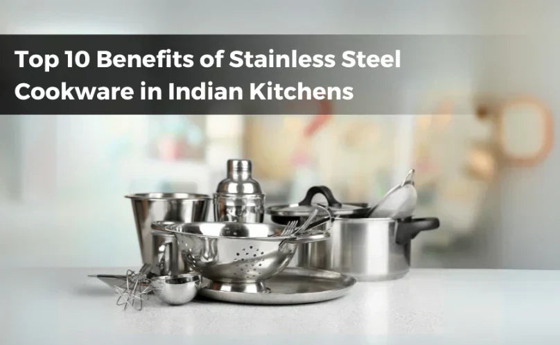 Stainless steel cookware set on an Indian kitchen countertop"  "Cooking Indian curry in a stainless steel pan