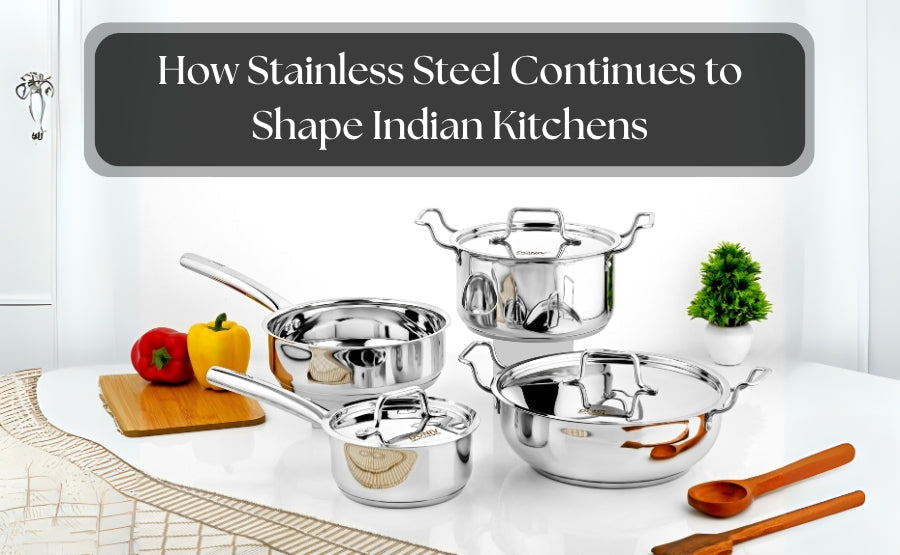 Vinod Stainless Steel cookware set displayed in a modern Indian kitchen
