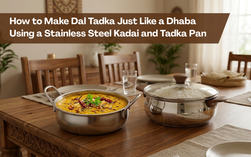 Dal Tadka served in a stainless steel kadai with a tadka pan beside it