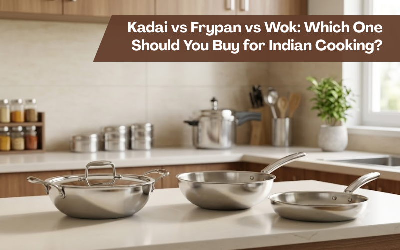 Kadai vs Frypan vs Wok stainless steel cookware comparison on kitchen counter — Vinod Steel
