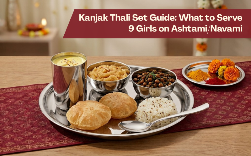 Kanjak thali set with poori, halwa, kala chana, jeera rice and kesar badam milk for Kanya Pujan