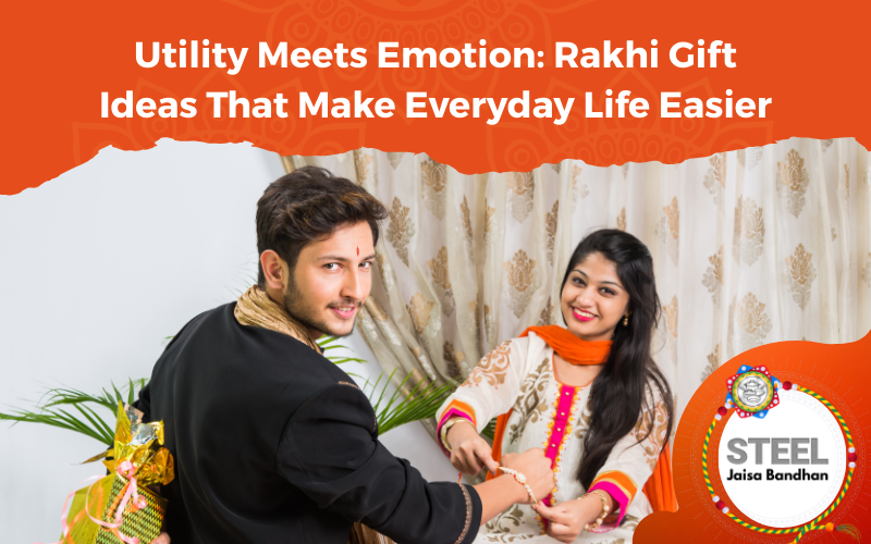 Brother and sister celebrating Raksha Bandhan with thoughtful steel Rakhi gifts