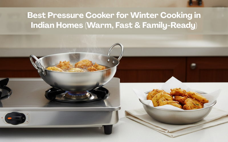 Vinod Stainless Steel Claro Kadai deep frying kanda and batata bhajiya on a gas stove in an Indian kitchen setup