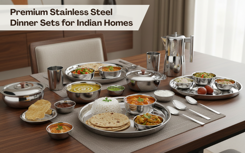 Premium stainless steel dinner set arranged with Indian food on a modern dining table, featuring plates, bowls, katoris, rotis, rice, curries, and sweets for Indian homes.