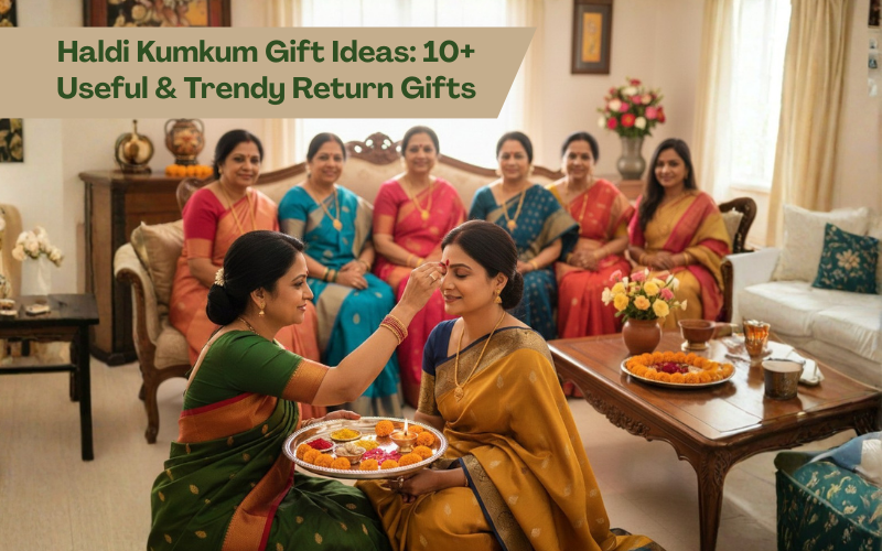 Indian women performing haldi kumkum ceremony with pooja thali, applying tikka and sitting together, representing haldi kumkum gift ideas and return gifts for ladies.