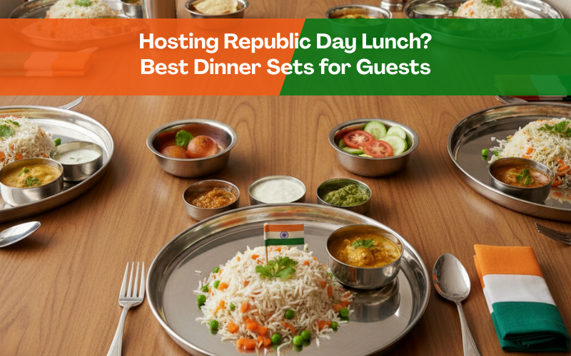 Premium stainless steel dinner set arranged for guests with tricolour pulao on Republic Day