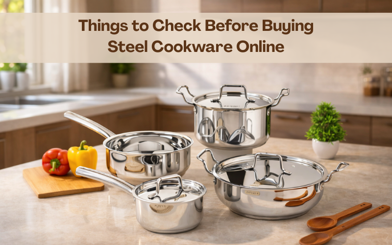 Stainless steel cookware set displayed in a modern kitchen for buying steel cookware online guide.