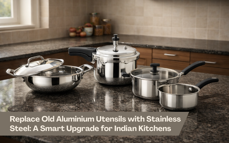 Stainless steel cookware set including kadhai, pressure cooker, sauce pot and saucepan arranged on an Indian kitchen countertop