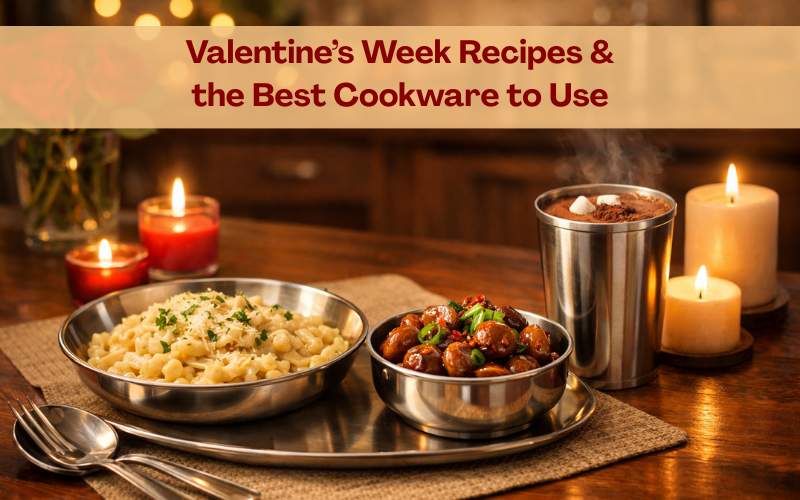 Valentine’s dinner recipes served in stainless steel cookware, featuring creamy pasta, chilli garlic mushroom stir fry, and hot chocolate on a cozy Indian dining table with candles.