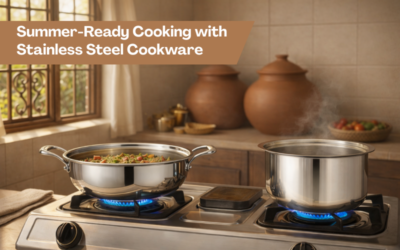 Summer cookware India stainless steel kadai and tope on gas stove in a sunlit Indian kitchen