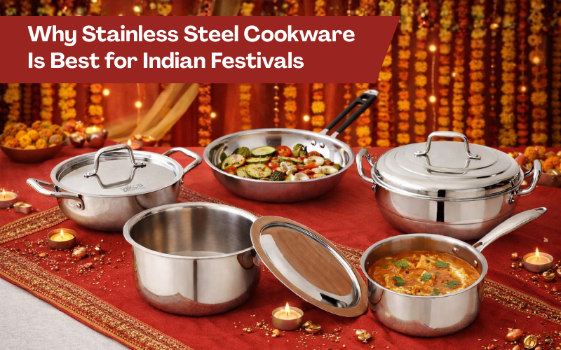 Stainless steel cookware set including kadai, saucepan, and frypan displayed for Indian festival cooking with festive decorations.