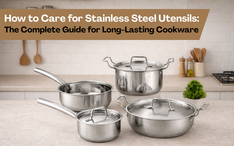 Premium stainless steel cookware set including kadhai, saucepan, and stockpot on a kitchen counter – guide on how to care for stainless steel utensils for long-lasting cookware.