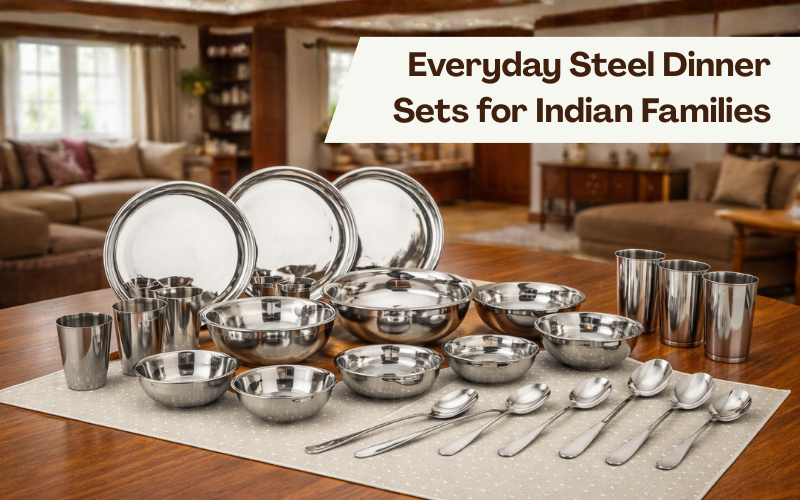 Steel dinner set for Indian families featuring stainless steel plates set, bowls and plates set and glasses for everyday use.