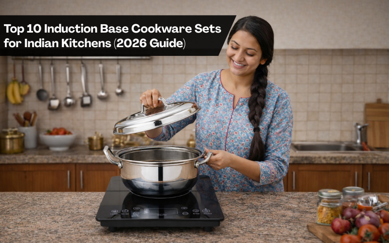 Woman cooking with stainless steel induction cookware in Indian kitchen – induction cookware set guide