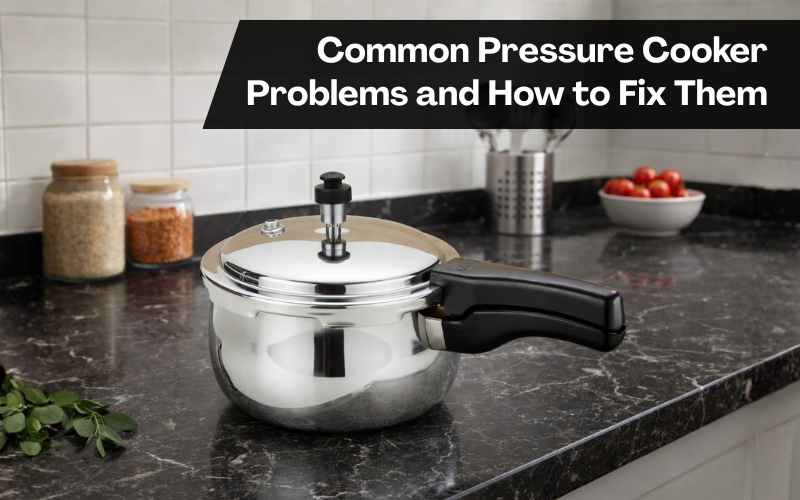 Common Pressure Cooker Problems And Solutions With Stainless Steel Cooker On Kitchen Counter.