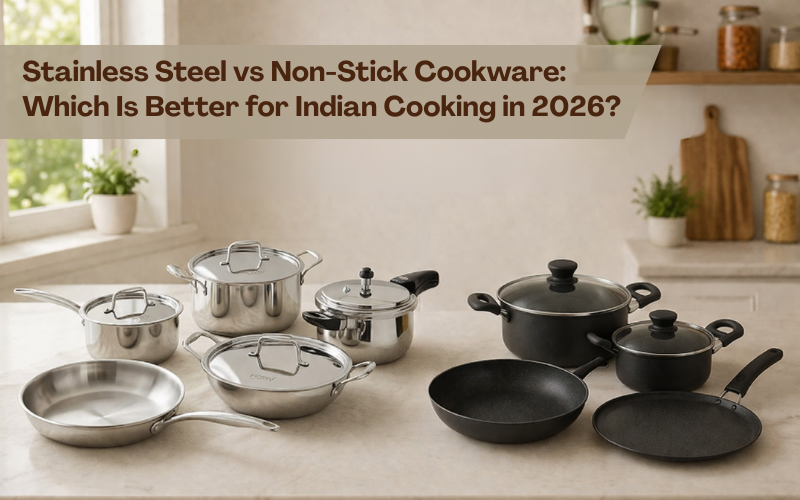 Stainless steel vs non stick cookware comparison showing steel cookware on left and non-stick cookware on right in a modern Indian kitchen setting.