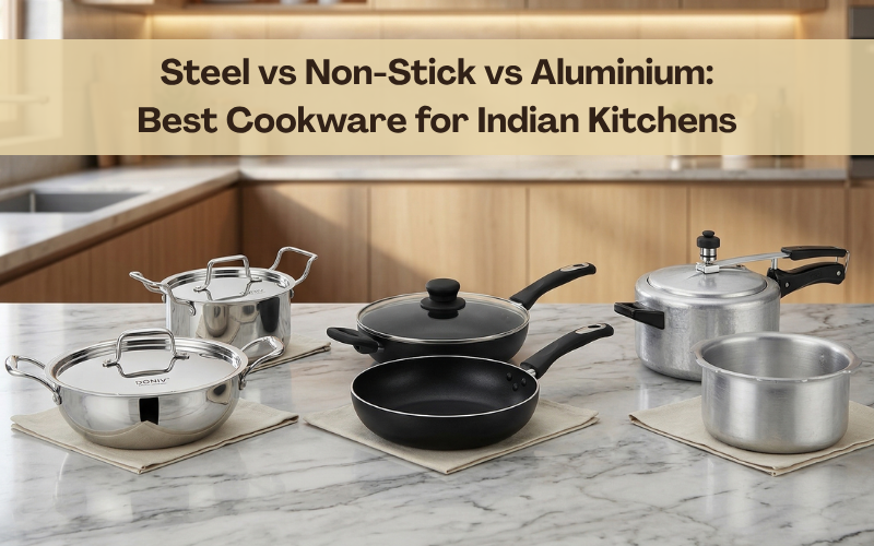 Steel vs nonstick cookware: which is better? Compare aluminium, non-stick & stainless steel to find the safest and best cookware material for Indian kitchens.