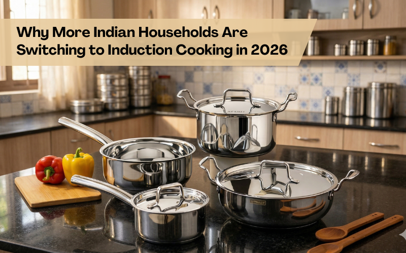 Induction-friendly stainless steel cookware set on black granite kitchen platform in a modern Indian home kitchen.
